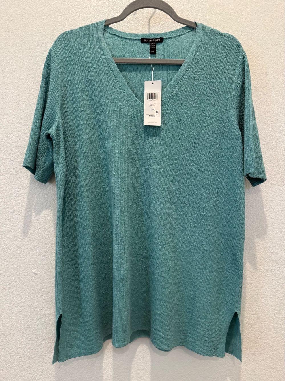 Eileen Fisher linen crepe v-neck knit tunic sweater size M seagreen NWT $298